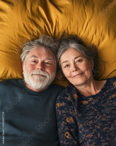 Joyful Elderly Couple Smiling in Bed Together
