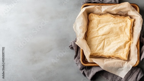 A baking tray is filled with raw phyllo pastry sheets laid in an orderly fashion, with parchment paper beneath, ready for baking culinary creations. photo