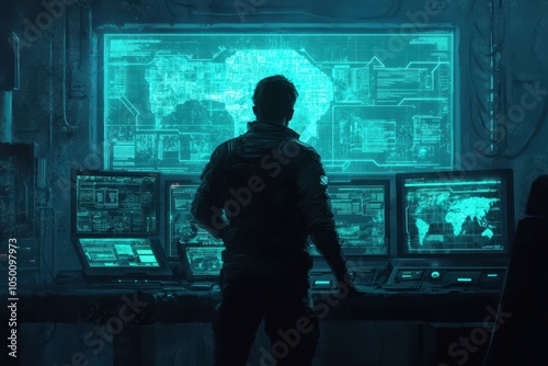 Survivor scavenging through destroyed tech in a broken-down lab, holographic maps flickering on the walls, Futuristic, Cyberpunk, Gritty, Dim lighting