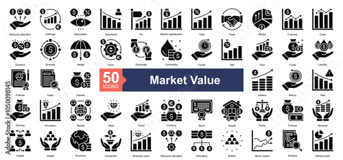 Market Value icon collection set. Containing Resource allocation, Arbitrage, Speculation, Downtrend, Ipo, Market capitalization, Yield, Trade, Margin icon. Simple glyph illustration.
