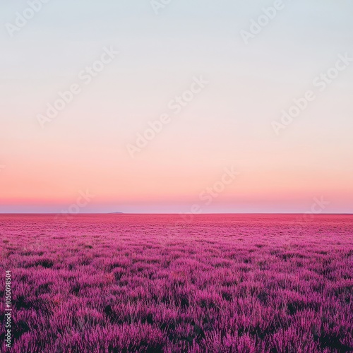 An endless field of purple heather stretching towards a distant horizon, under a soft pink and orange sunset, Pastel colors, Wide-angle, Tranquil mood ,closes up