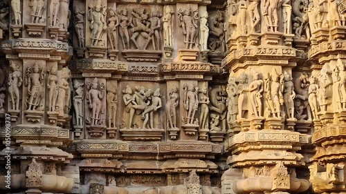 Explore the erotic and educational sculptures on the Kandariya Mahadev Temple wall, depicting various aspects of sex education and human interaction, highlighting the intricate artistry of Khajuraho. photo