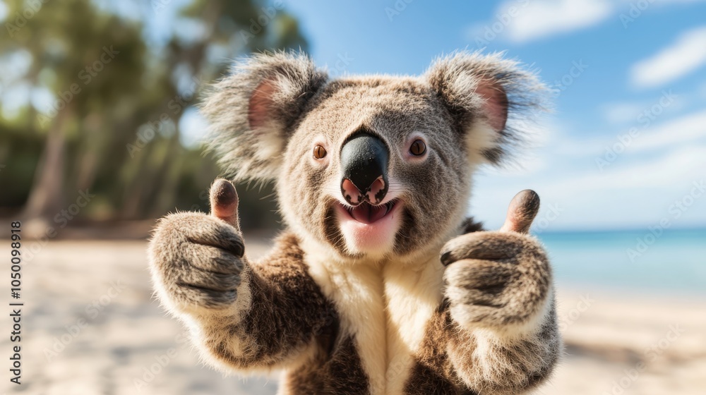A jovial koala stands on a sunny beach, giving double thumbs up with a big smile, radiating happiness and capturing the carefree spirit of the seaside. A jovial koala stands on a sunny beach, giving double thumbs up with a big smile, radiating happiness and capturing the carefree spirit of the seaside.