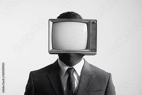 Surreal Portrait of Man with CRT TV Head on white background.
