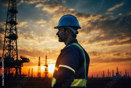 Silhouette of a Worker in a Hard Hat and Safety Gear Against an Oil Rig and Sunset