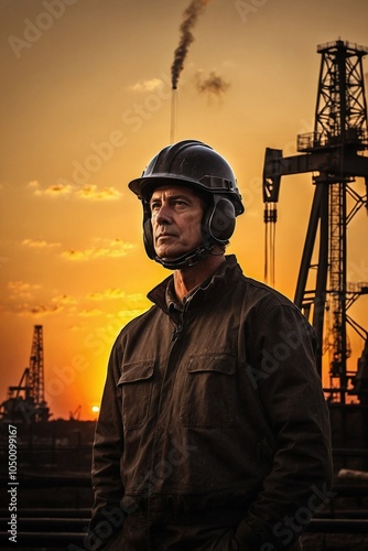 Silhouette of a Worker in a Hard Hat and Safety Gear Against an Oil Rig and Sunset