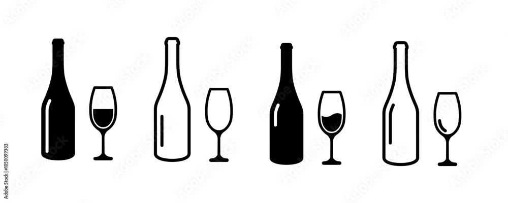 Set of wine bottle with wine glasses vector icons. Drink alcohol. Vector 10 Eps. Set of wine bottle with wine glasses vector icons. Drink alcohol. Vector 10 Eps.