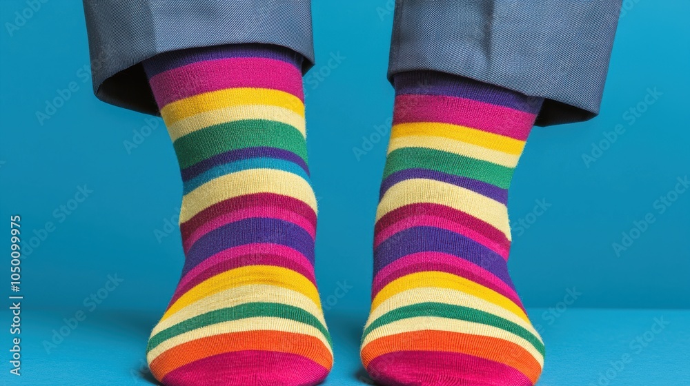 Colorful striped socks displayed on feet set against a vibrant blue background showcasing a playful and cheerful fashion statement Colorful striped socks displayed on feet set against a vibrant blue background showcasing a playful and cheerful fashion statement