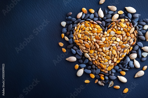 Seeds are arranged into a heart shape on a dark backdrop, celebrating creativity and love for nature