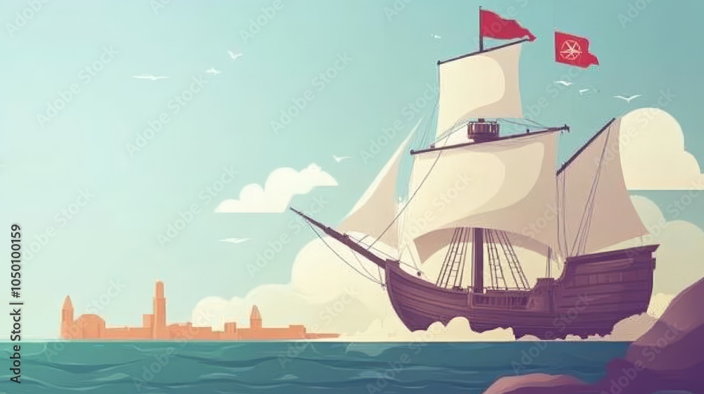 Fototapeta premium Illustrative Sailing Ship with Cityscape in Background