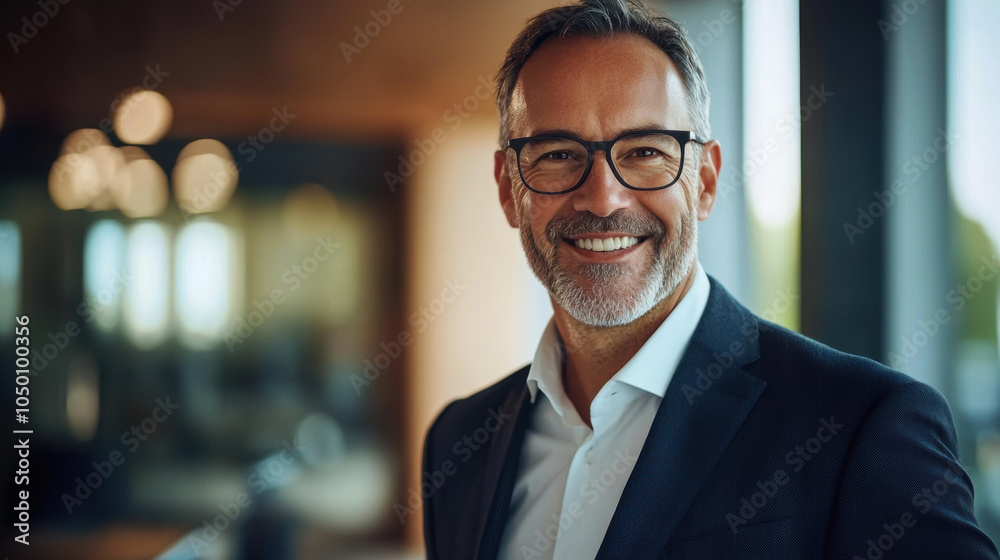 Portrait of a middle-aged businessman with glasses, wearing a tailored suit, standing in a corporate boardroom, bright smile, looking directly at the camera Portrait of a middle-aged businessman with glasses, wearing a tailored suit, standing in a corporate boardroom, bright smile, looking directly at the camera