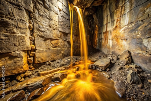 A viscous, golden liquid slowly trickles from a crack in the wall of an ancient, abandoned mine shaft, earth science, isolated photo