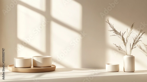 A minimalist still life featuring a vase of dried grasses and two bowls on a wooden tray. photo