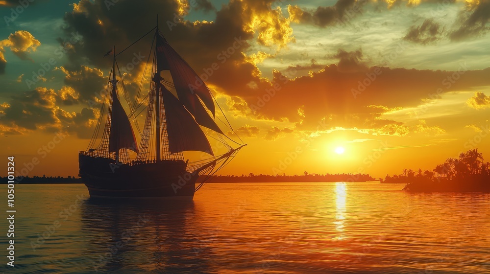 Obraz premium Majestic Sunset with Sailboat on Calm Waters