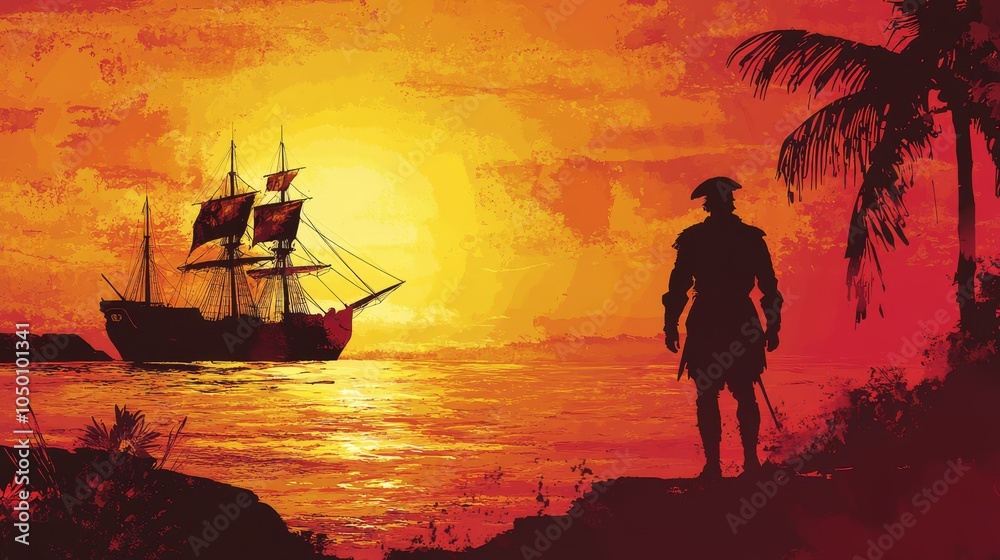 Silhouette of a Pirate Against a Vibrant Sunset with a Ship in the Background Silhouette of a Pirate Against a Vibrant Sunset with a Ship in the Background
