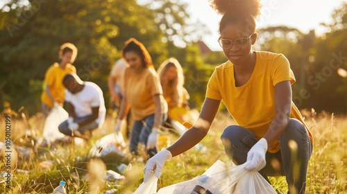 Young people volunteers clean the park from garbage trash and plastic. Environment concept photo