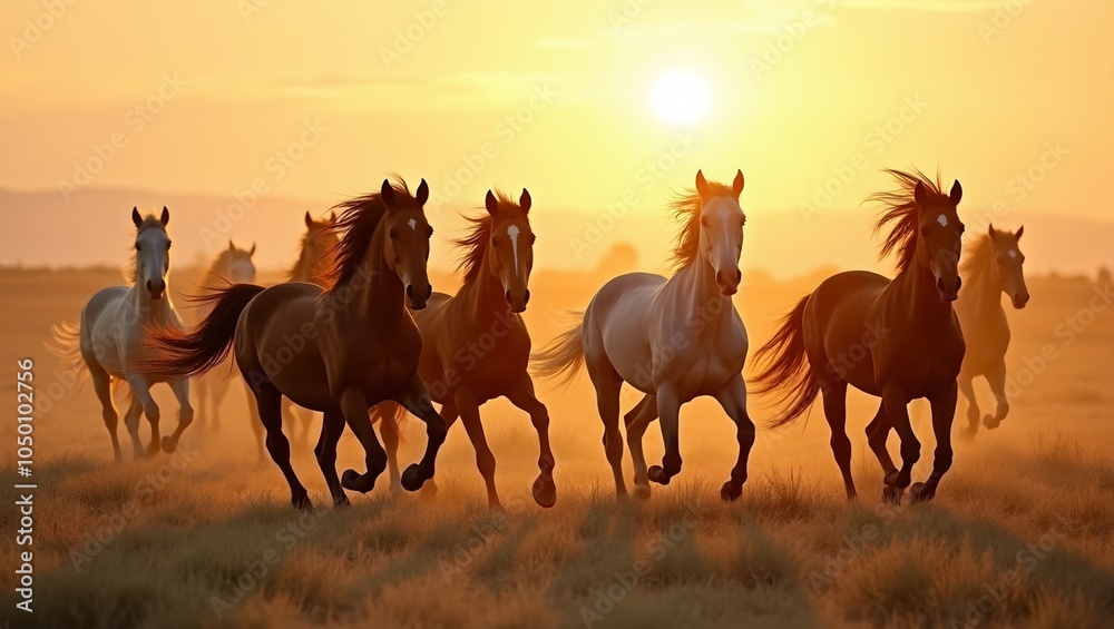 Majestic wild horses galloping at dawn embodying untamed spirit Majestic wild horses galloping at dawn embodying untamed spirit