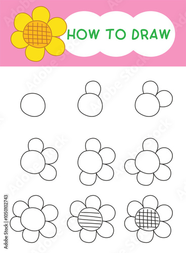 How to draw flower or flora cartoon step by step for learning, kid, education and coloring book.