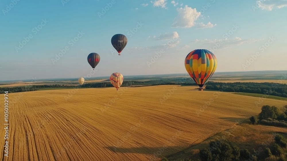 Fototapeta premium Hot Air Balloons Over Scenic Golden Fields