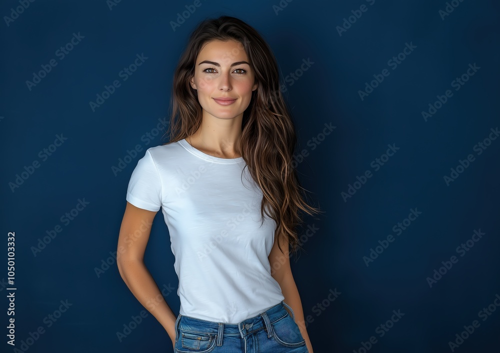 Casual Woman in White T-Shirt Smiling against Blue Background. Generative AI. Casual Woman in White T-Shirt Smiling against Blue Background. Generative AI.