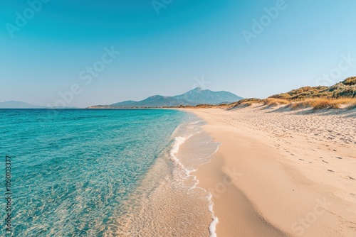 Smooth beach with soft white sand near a turquoise sea, no people, clear sky, Realism, Warm light, Peaceful and pristine