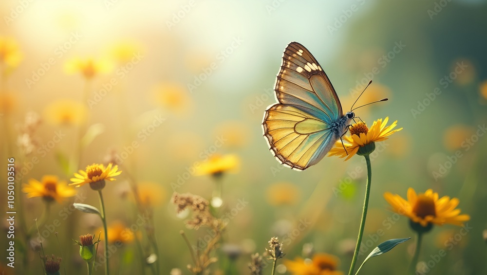 Obraz premium Vibrant butterfly over wildflowers evoking freedom and transformation