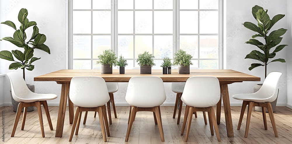 Fototapeta premium A modern dining area featuring a large wooden table surrounded by white chairs and plants.
