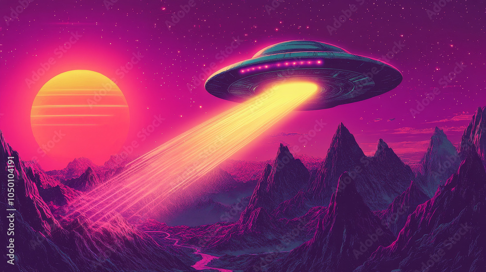 ufo in space in neon colors ufo in space in neon colors