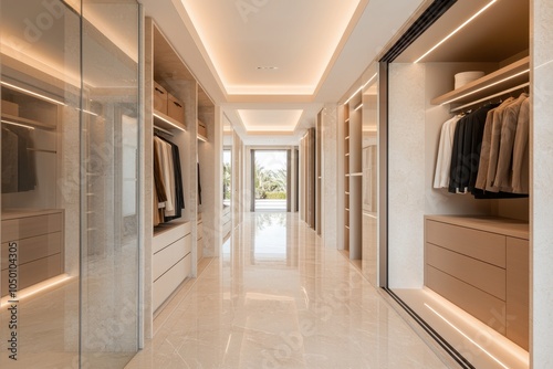 Extravagant walk-in closet with glass-fronted wardrobes, marble floors, and soft ambient lighting, Modern, Warm tones, Ultra-luxurious