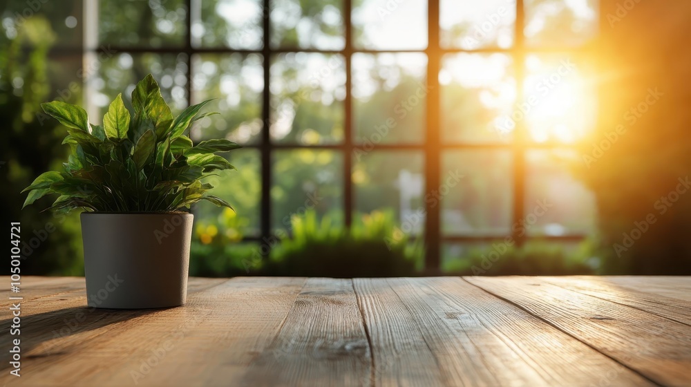 A vibrant green potted plant basking in the warm morning sunlight, set on a rustic wooden table, creating a serene and refreshing indoor atmosphere. A vibrant green potted plant basking in the warm morning sunlight, set on a rustic wooden table, creating a serene and refreshing indoor atmosphere.