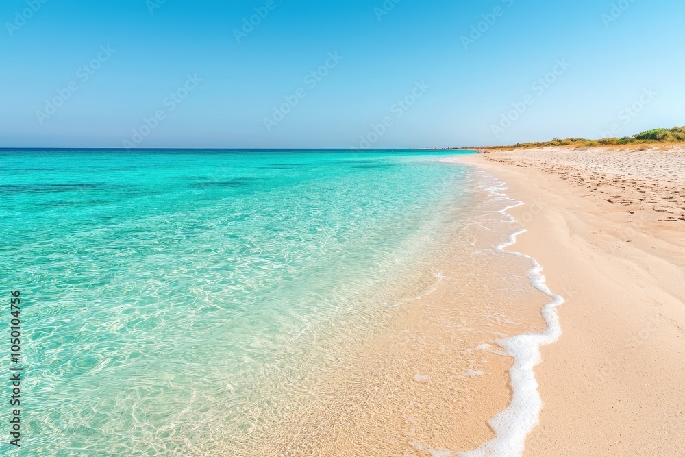 Smooth beach with soft white sand near a turquoise sea, no people, clear sky, Realism, Warm light, Peaceful and pristine
