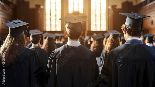  Distant view of Asian university students wearing black graduation caps and gowns, walking in line to receive their diplomas, a symbol of academic success. They appear very happy against AI Editing.