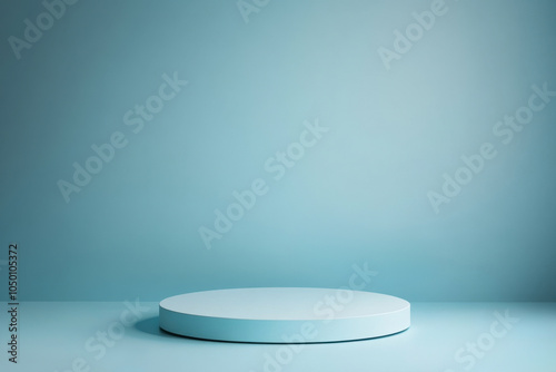 An empty white podium with shadows on a blue background, the layout of the stand for product presentation, minimalism