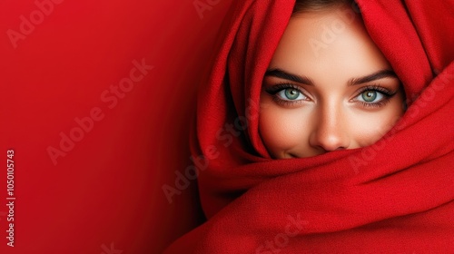 A captivating close-up of a woman wrapped in a vibrant red hooded shawl, highlighting her striking green eyes, expressing warmth and confidence.