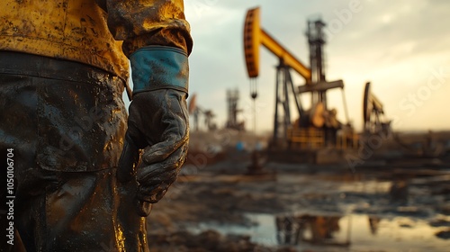 Oil worker with muddy hands in front of an oil well.