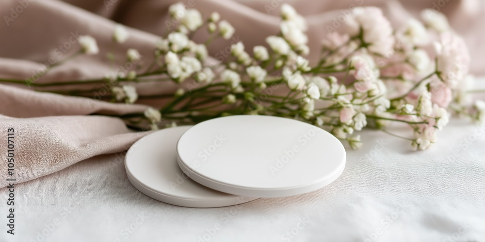 Two white coasters with flowers on them sit on a table. The flowers are white and pink, and they are arranged in a way that makes them look like they are blooming Two white coasters with flowers on them sit on a table. The flowers are white and pink, and they are arranged in a way that makes them look like they are blooming