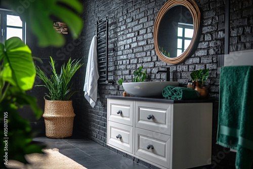 Creative composition of bathroom interior with white bath, black wall, plants and personal accessories. Home decor. photo