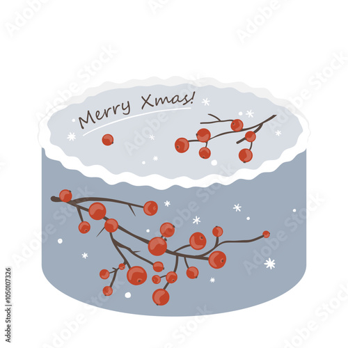 Christmas bento cake decorated with red berry branches. Xmas sweet cake, isolated vector illustration.