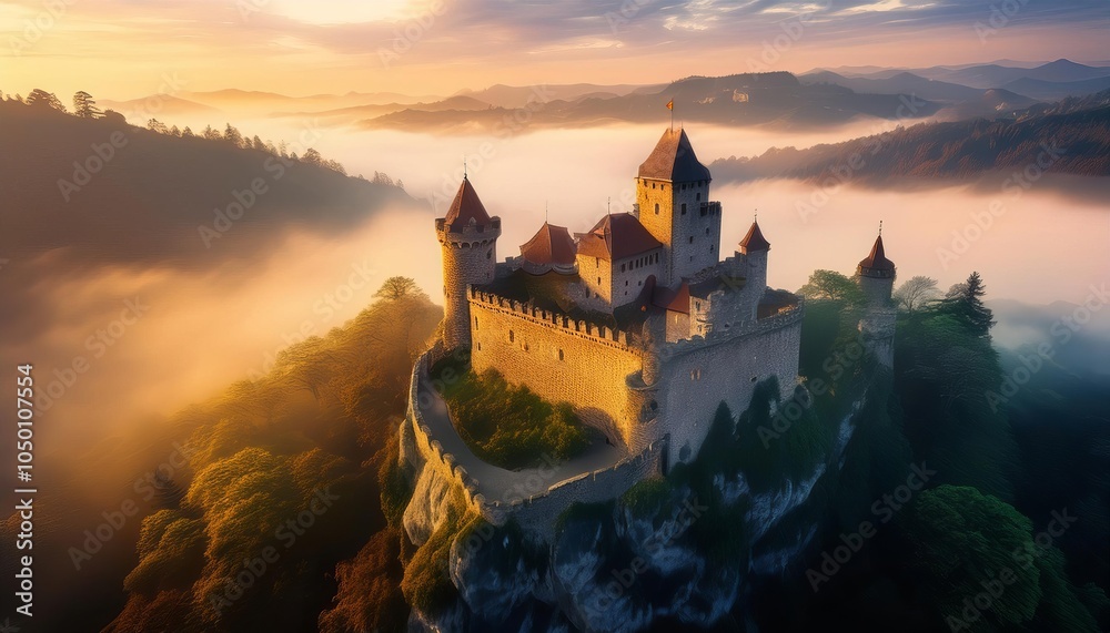Fototapeta premium Medieval castle standing on a cliff surrounded by fog at golden hour
