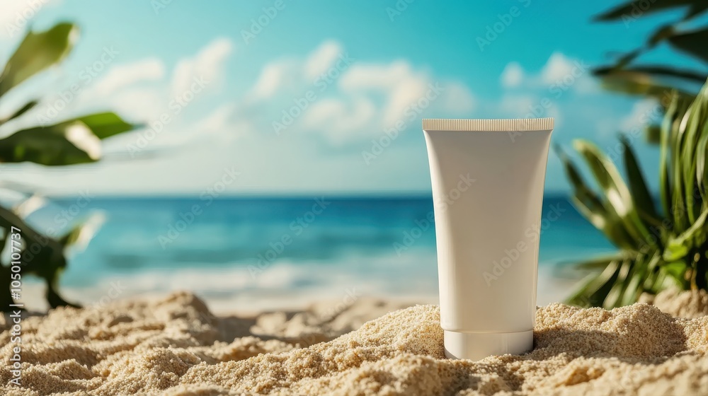 A lone sunscreen tube stands on sunlit sandy beach with palm leaves, set against the backdrop of a tranquil ocean and blue skies, embodying summertime relaxation. A lone sunscreen tube stands on sunlit sandy beach with palm leaves, set against the backdrop of a tranquil ocean and blue skies, embodying summertime relaxation.