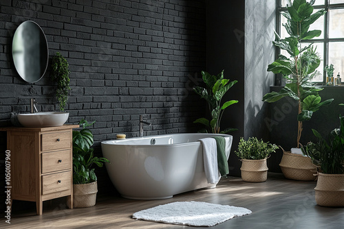 Creative composition of bathroom interior with white bath, black wall, plants and personal accessories. Home decor. photo