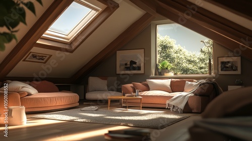 Upscale attic loft with modern furniture  skylights  and exposed beams for a perfect blend of luxury and charm
