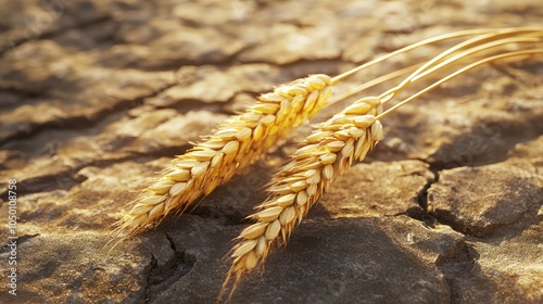 Dried crops close up over a cracked dry land, draught, food crisis concept photo