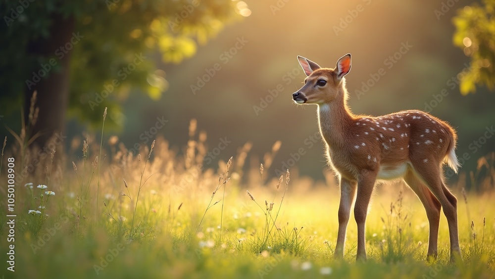 Innocent fawn in sunlit meadow embodying vulnerability Innocent fawn in sunlit meadow embodying vulnerability
