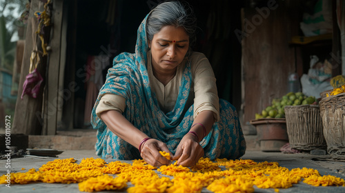 Indian Woman Creating Rangoli in Saree photo