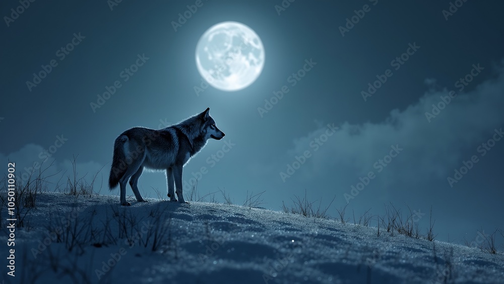 Solitary wolf in moonlit snowy landscape embodying strength in solitude