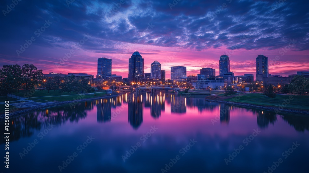 Fototapeta premium Beautiful Sunset Reflection Over City Skyline