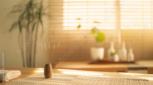A serene scene of a patient undergoing acupuncture therapy in a tranquil treatment room with soft lighting and calming decor, set against a neutral, soothing background