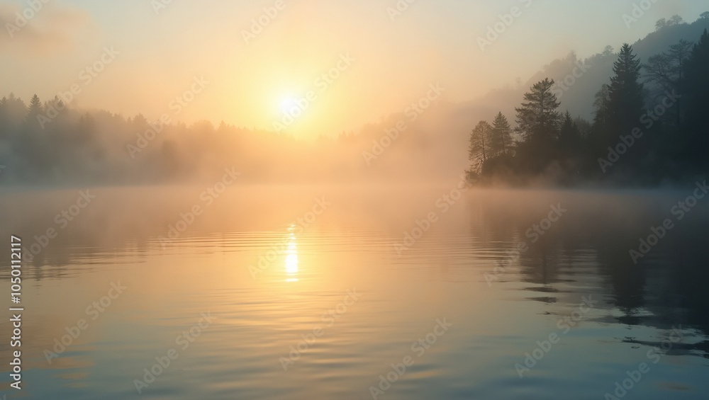 Fototapeta premium Tranquil sunrise over misty lake reflecting peaceful ambiance