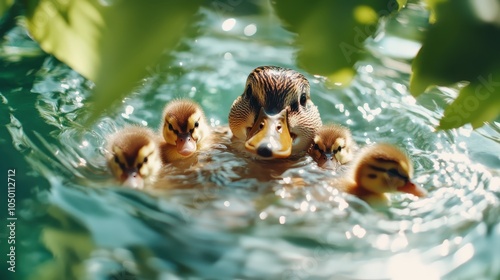 A serene image of a duck family gliding across tranquil waters, enveloped in foliage, conveying themes of family, peace, and nature’s gentle beauty and harmony. photo